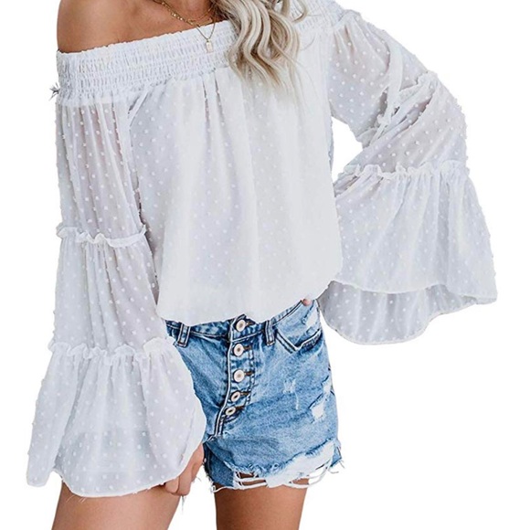 Off The Shoulder Short Sleeve Tops Ruffle Sleeve - Picture 1 of 4